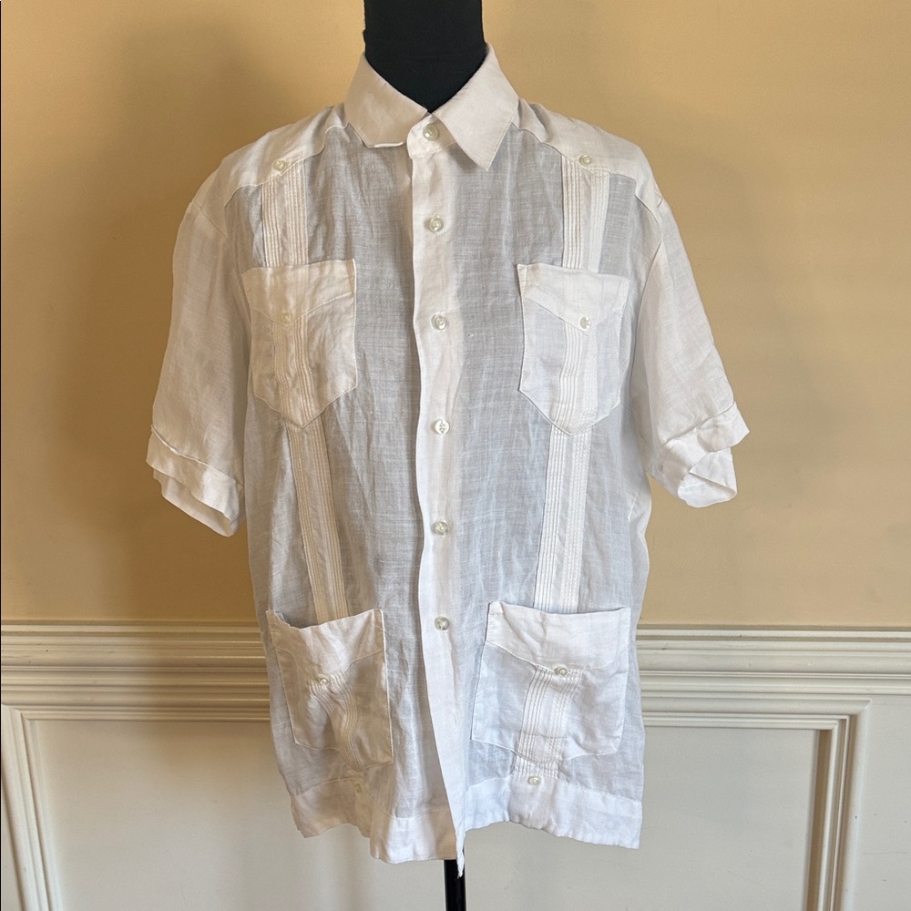 Successo Uomo Men's White Short Sleeve‎ Shirt linen Vacation vibe Sz Medium